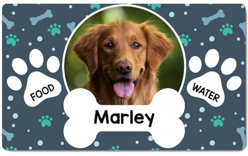 Ferocity Personalisierte Napfunterlage mit Foto und Namen | Fressnapf Matte für Hunde | Größe 45 x 75 cm | 4 mm Gummierte Unterlage & Schuhmatte | Haustier Motiv | Farbe Blue with Bone [140]