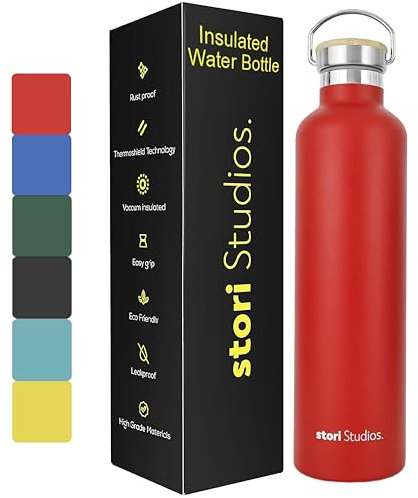 Stori Studios Stainless Steel Water Bottle 1l, Red Water Bottle, Insulated Water Bottle, Metal Water Bottle, BPA Free Water Bottle, Leak Proof Water Bottle, Reusable Water Bottle – Red