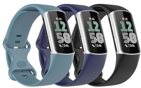 Astorgos 3 Pack Straps Compatible with Fitbit Charge 6/Fitbit Charge 5 for Women Men, Soft TPE Watch Strap Replacement Band, Black/Dark Blue/Blue