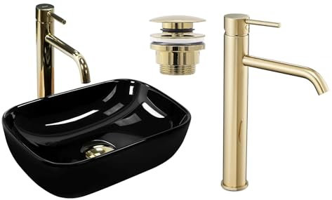 GTM Design Aufzatzwaschbecken mit Armatur - Waschbecken mit Hahn - Waschbeckenarmatur Gold - Aufzatzwaschbecken Rechteckiges - Waschbecken Schwarz Glanz- Aufsatzwaschbecken mit Armatur komplett Set