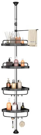 GOOPOOL Telescópica Estanteria Baño Sin Taladro Réglable en Hauteur Repisas para Baño Antióxido Esquinero baño Ducha con 4 Cestas y 1 Toallero para Bañera y Baño Altura Ajustable 70-320CM Negro