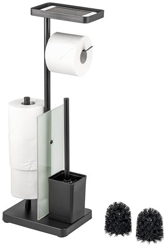 eluno Stand-WC-Garnitur 4in1, freistehende Toilettengarnitur inklusive WC-Bürste, 2 Ersatzbürstenköpfe, (Ersatz-) Rollenhalter für 3 Rollen, Ablage, satiniertes Glas und Metall (Schwarz)