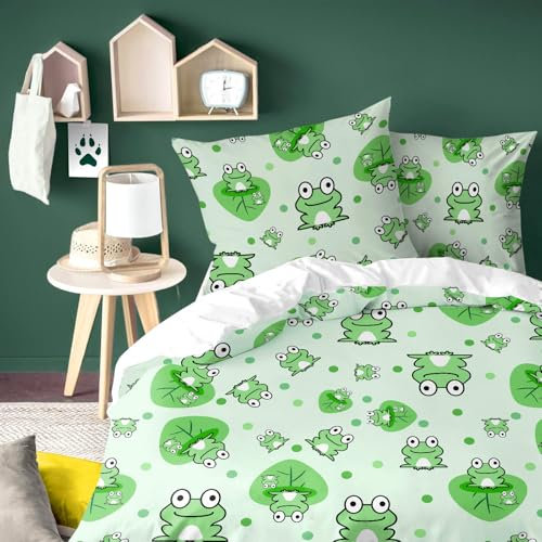 Yasida Frosch GrüNe BettwäSche Mint 135X200 Jungen Cartoon-Tier Mit Lotosblatt GrüN Augenschutz FüR Kinder Und Teenager Mikrofaser BettwäSche 135x200cm 2er Set Mit 1 Kissenbezug 80x80 cm
