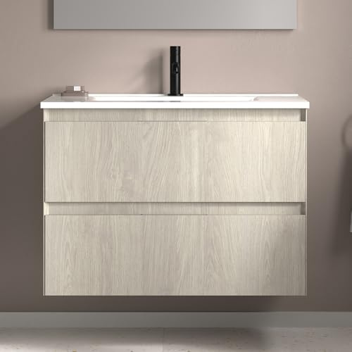 AMIZUVA - Conjunto de Mueble de Baño Suspendido Serie Talia, Incluye Lavabo Cerámico y Tirador Metálico, Acabado en Roble Blanco - Dimensiones 80x56,5x45 cm