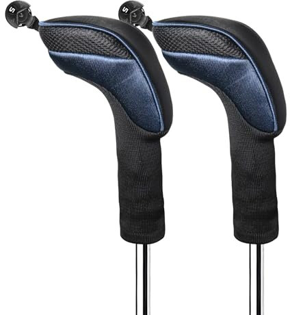 FINGER TEN Golf Club Head Covers Woods Hybrids Long Cover, Headcovers with Interchangeable No. Tags Fit All Hybrids Wood Clubs Light Durable (Navy-2 Pack Hybrid Covers)