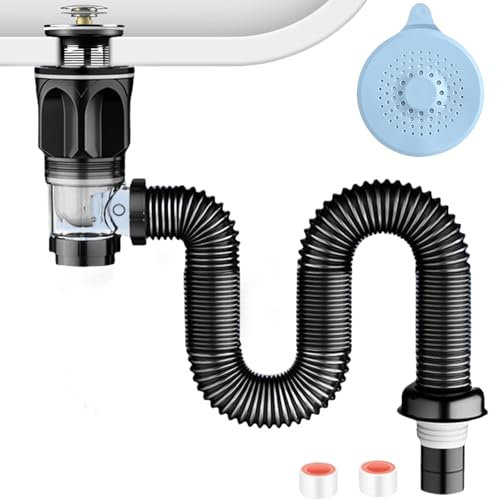 Abflussrohr-Kit für Waschbecken Abfluss, Siphon Waschbecken Set mit Flexiblem Ablaufschlauch, Pop-Up-Filter Abflussstopfen, Geruchsdichte Insektendrainage Kits Ausziehbar Von 295–985 mm