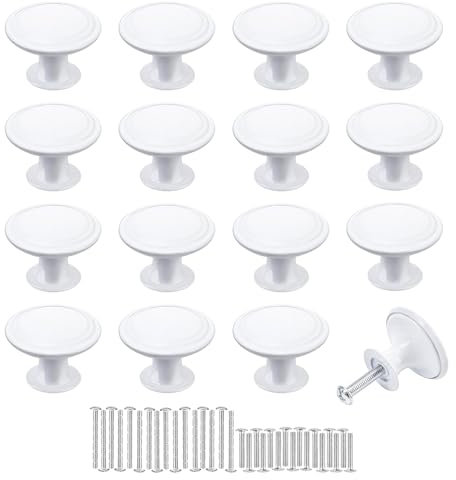 Misuyue 16 Stück Möbelknöpfe Weiß, Runde Knöpfe für Schränke, 30mm Schrankgriffe Weiß Vintage Zinklegierung, Schick Schubladenknöpfe Türknauf für Kommode Küchenschränke Kleiderschrank