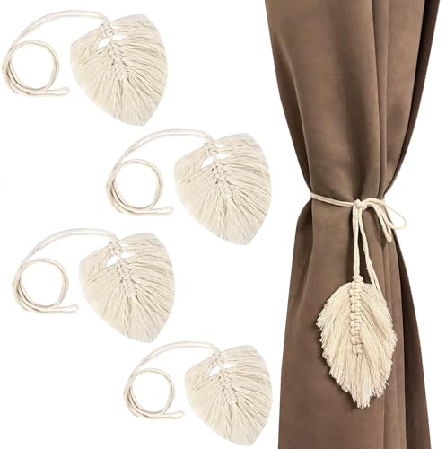 ZoeWei Vorhang Raffhalter, 4 Stück Boho Vorhang Zugband, Handgefertigt Raffhalter Gardinen mit Blattförmiger Macramee Gardinenhalter für Haus, Büro, Wohnzimmer, Schlafzimmer Deko (Beige)