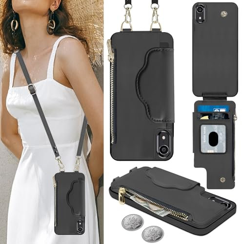 Nshkeji Handyhülle für iPhone XS/iPhone X Etui mit Kartenfach, iPhone XS Hülle mit Verstellbarer Halskette, iPhone X Handytasche mit Reißverschluss Geldbörse, Leder Hülle mit Band (5,8 Zoll)