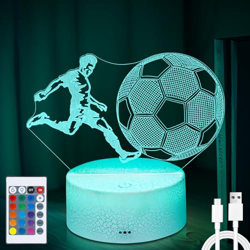 Pinlanuo Fussball Geschenke Jungen Mädchen, Fußball Lampe Geschenke für Jungs, 3D Illusion Nachtlicht Kinder, 16 Farben ändern & Fernbedienung, 6-10 Jahre Geburtstagsgeschenk Zimmer Schlafzimmer Deko