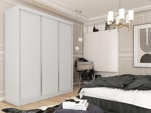 AGMAT-FURNITURE Schwebetürenschrank Inari, Kleiderschrank mit 3 Türen und 2 Schubladen, Moderne Garderobe in Farbe: Weiß, Schrank in Größe: 180 x 216 x 61 cm