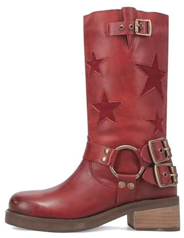 KISTANIA Red Boots for Women Western Riding Boots Star Embroidered Square Toe Wide Calf Knee High Pull-On Leather Motocycle Biker Booties 2 inch Chunky Block Low Heel Fashion Buckles Size 8.5