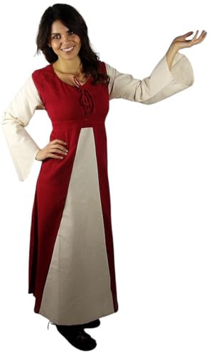 Leonardo Carbone® Damen Kleid Ilse | Trompetenärmel | Schnürung Vorne | Karneval, Halloween, Cosplay, LARP, Mittelalter, Kostüm, Gewand, Festkleid | 100% Baumwolle Rot/Natur XL