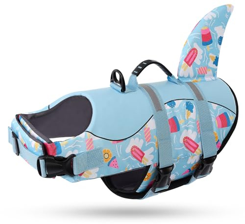 Queenmore Tiburón Salvavidas Perro, para Piscina De Mar, Tamaño Grande XL, Helado Azul