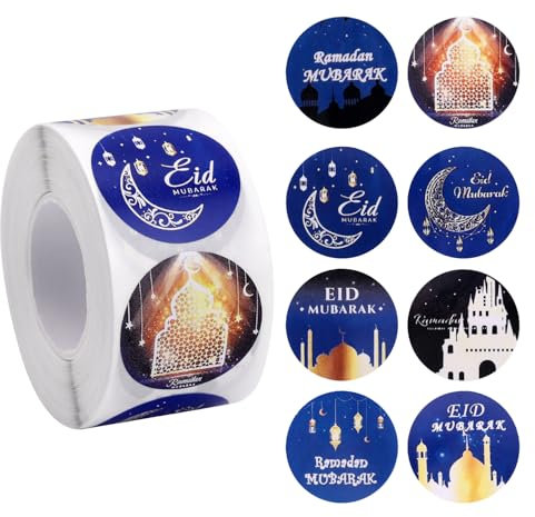 500stk 2,5cm Ramadan-Aufkleber, 8 Stile Rund Eid Mubarak-Aufkleberrolle Selbstklebend Ramadan-Etiketten für Geschenkanhänger Geschenkpapier Dekoration für Muslimische Feste