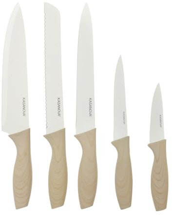 KASANOVA Cofanetto Set 5 COLTELLI Cucina, Bianco e Legno, One Size