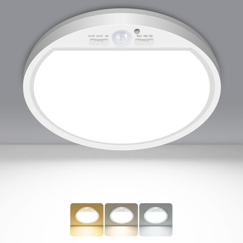 zemty Motion Sensor Ceiling Light, 7in 500LM Battery Ceiling Lights with Timer, 3000K/4000K/6500K Battery Operated Bathroom Lights, Round Wireless Light for Garage Toilet Loft Shed