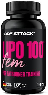 Body Attack Lipo FEM - 120 Kapseln - Hoch dosierte Formel für Fatburner-Training, speziell für Frauen - Vegane Rezeptur + wertvolle Pflanzenextrakte + patentierte Markenrohstoffe - Made in Germany