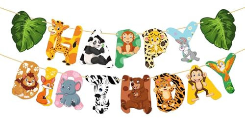 KOBOKO Dschungel Happy Birthday Girlande,Waldtiere Girlande Geburtstag,Safari Deko Happy Birthday Banner,Geburtstagsdeko Kinder,Dschungel Deko Geburtstag,Geburtstagsgirlande für Kindergeburtstag Deko