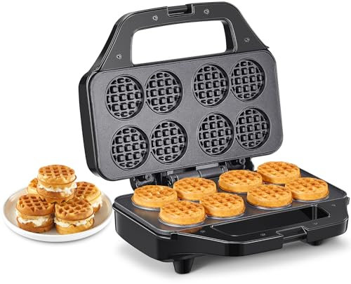 Gaufrier Reemix – Mini-gaufrier pour 8 mini-gaufres de 4,8 cm, format compact avec plaques antiadhésives, facile à utiliser, chauffe rapide, parfait pour petit-déjeuner & goûter (noir)