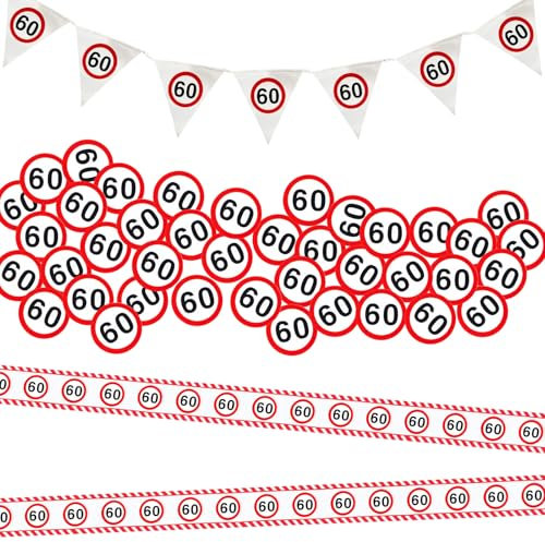 Absperrband 60 Geburtstag Deko,Geburtstag Deko Absperrband Verkehrszeichen 20 m,Verkehrsschild zum 60,mit Wimpel,Geburtstagsdeko,mit Wimpel,für 60 Jubiläum Party