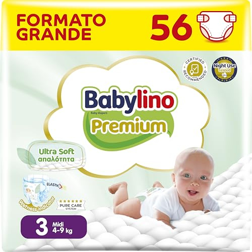 Babylino Premium, Windeln Größe 3 mit Ultra-Soft-Filter, Midi (4-9 kg), 56 Stück