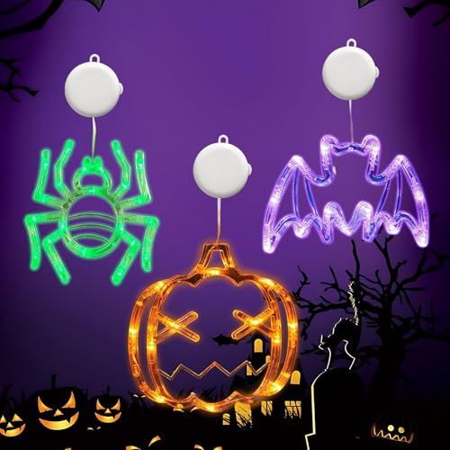 Halloween Deko Fenster, Halloween Fensterlichter mit Saugnapf, 3 Stück Orangefarbener Kürbis, Grüne Spinne und lila Fledermaus, Batteriebetriebene Innenbeleuchtung für Haloween-Fensterdekoration (A)