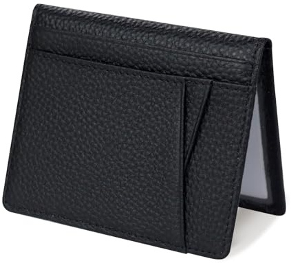 Feelorna Slim Credit Card Holder, Genuine Leather Slim Wallet for Men and Women, Small Credit Card Wallets with 2 ID Window and 8 Card Slots (Black)