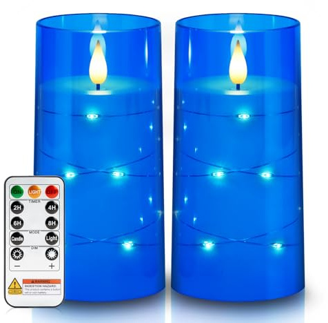 Homemory Flameless Candles with Embedded Star String Fairy Lights, Battery Operated Candles, LED Candle, Fake Candles with Remote Control and Timer, Blue, Set of 2(H 6 6)