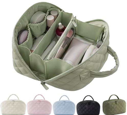 Make-up Tasche für Frauen, Reise Kosmetiktasche mit 180° Flachöffnung, Wasserdicht & Abwaschbar, Große Kapazität, mit Griff und Trennwand, Perfekt für Reisen und Alltag (Grün)