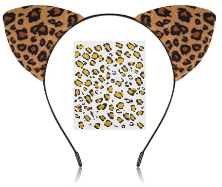 Leoparden Ohren,Leoparden Kostüm Damen Accessoires Leo Ohren Haarreif Set | mit Leopard Tattoo Tier Haarreifen Schminke Gesichtstattoo,Karneval Leopardenohren,für Erwachsene Frau Fasching Party Cosplay