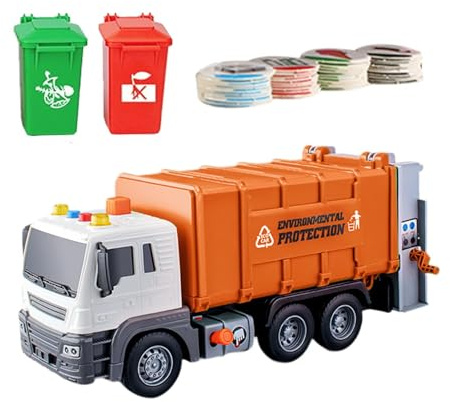 wueiooskj Camion Poubelle réaliste à Friction, Jouet de Recyclage Comprenant des poubelles et des Cartes de tri. Jeu éducatif et créatif avec lumières et Sons, Orange