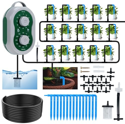 Fizzyo Sistema de Riego Automático para 15 Plantas en Maceta, Kit de Riego por Goteo Automático Interior con Temporizador Programable y 15M Manguera para Jardín Balcón Invernadero Terraza Vacaciones