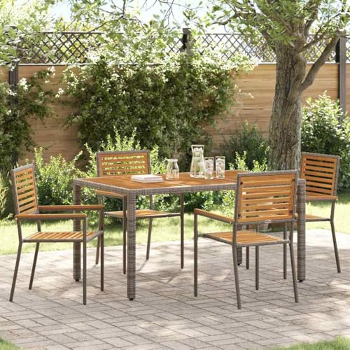 Runheo Garten Stapelstühle 4er Set, Braun Grau, Akazienholz Armlehnen, PE-Rattan, UV-beständig, 111kg Traglast, Terrassenmöbel Outdoor