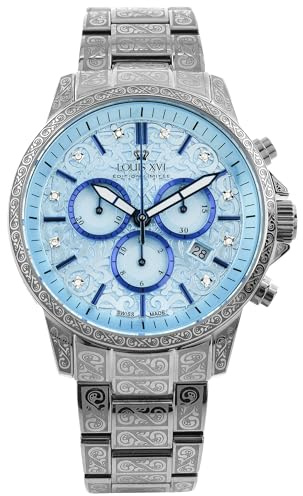 LOUIS XVI Palais Royale 2.0 1831 - Ø 43 mm - Herren Uhr - Wasserdicht - Armband Silber - Zifferblatt Baby Blue eloxé bleu mit Diamanten - Schweizer Quarzwerk