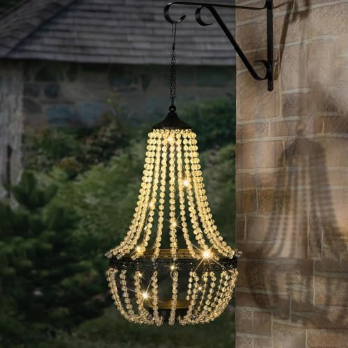 Taylor & Brown 28 Tall Hanging Solar Powered Acrylic Crystal Chandelier Light Lantern Modern Outdoor Garden Meadow with 30 Cool White LED Lights for Yard, Patio and Gazebo Decorations (Warm White)