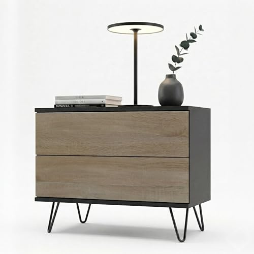 InnoFurn Nachtschrank Aura, Moderner Nachttisch mit Push-to-Open, Made in Germany, optional hängend Beistelltisch, Schlafzimmer, Schwarz matt/Eiche Sägerau (60 x 43 x 35 cm)