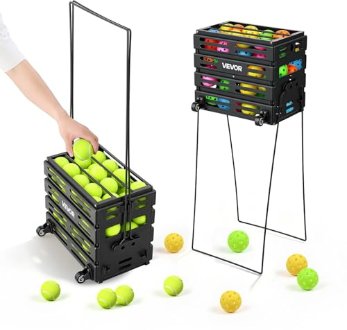 VEVOR Panier à Balles de Tennis, Capacité de 80 Balles, Panier Ramasse-Balles Portable avec roulettes, Chariot de Rangement pour Entraînement et Transport de Tennis et Pickleball, Poignée Convertible