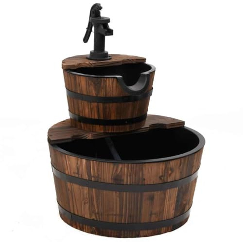 Fuente de jardín con bomba de madera de abeto maciza, 44,5 x 44,5 x 58 cm, fuente en cascada para terraza, balcón, jardín con fuente de agua y cascada decorativa para relax Zen Oasis