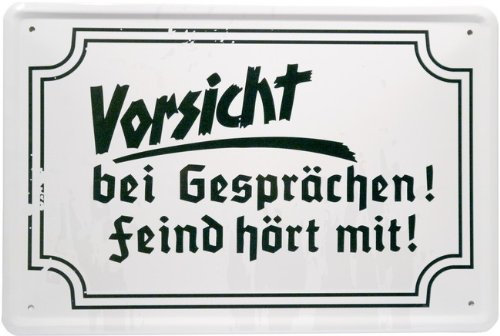 WOGEKA ART Retro Blechschild - Vorsicht bei Gesprächen - witziger Spruch als Geschenk-Idee zum Geburtstag Weihnachten zur Dekoration 20x30 cm Vintage-Design aus Metall 892