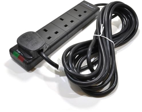 kenable Surge Protected 4 Gang Extension Lead with Neon Indicator Light Black 5m | 13A Mains Power Strip with UK Plug and Sockets | BS 1363/A | Wall Mountable for Home Office