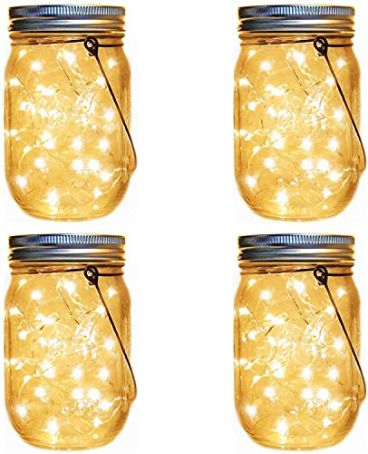 Solar-Laternen, Einmachglas-Hängeleuchte, 4 Stück, 30 LED-Lichter, Lichterkette mit Glühwürmchen, Dekoration, Solarlaternenleuchten
