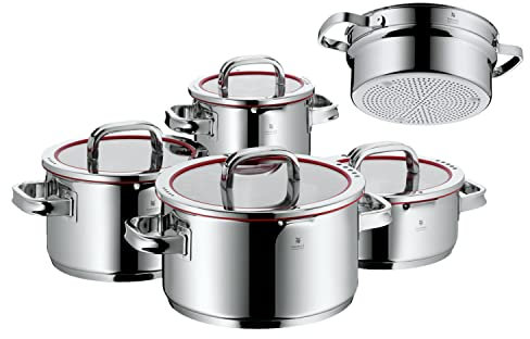 WMF Function 4 Topfset Induktion 5-teilig, Cromargan Edelstahl poliert, Glasdeckel mit 4 Abgießfunktionen, Induktionstöpfe, Innenskalierung