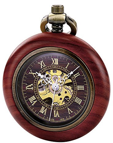 TREEWETO Unisex Holz Taschenuhr mit Kette Analog Handaufzug Skelett Römische Ziffern
