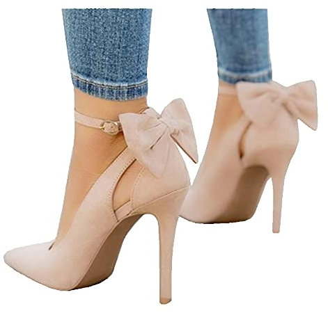 Fashare Damen-Pumps mit hoher Absätze, Schleife am Rücken, sexy Stiletto, Knöchelriemen, Hochzeitskleid, Pumps, A-beige, 40 EU