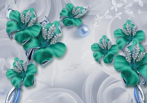 wandmotiv24 Fototapete Türkise Abstrakte Blumen, XXL 400 x 280 cm - 8 Teile, Wanddeko, Wandbild, Wandtapete, Schmetterlinge, Diamanten, Modern M2004