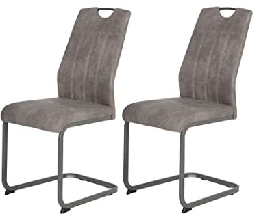 Hela Tische, 2er Set Esszimmerstuhl, Schwingstuhl CHRISTINA, Microfaser Vintage-Optik Grau, Metallgestell Grau, Lehne mit Griff