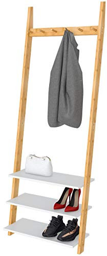 Garderobe Garderobenständer Kleiderständer Schuhregal Holz mit 3 schuhablagen 6 Garderobenhaken aus Bambus, 63x45x175cm