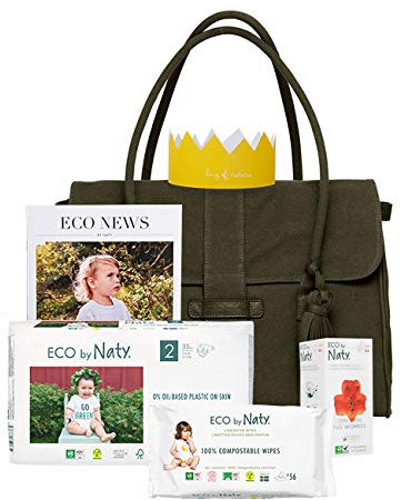Eco by Naty, Wickeltasche beinhaltet 1 Packung Größe 2 Windeln, 1 Packung Baby-Feuchttücher ohne Duft, 1 Box Slipeinlagen Normal