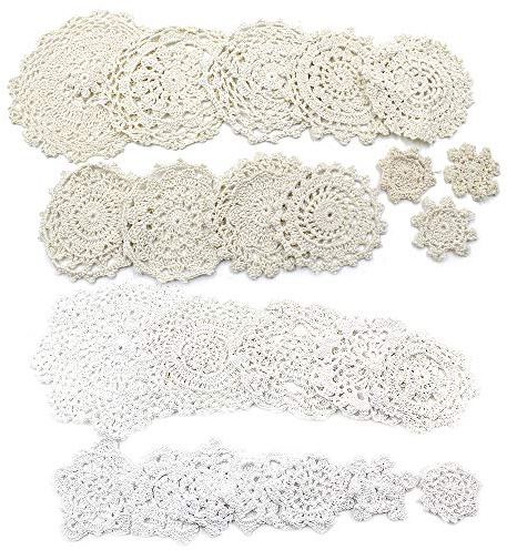 Jiozermi 24 Pcs Hand Crochet Lace Doilies, White & Beige